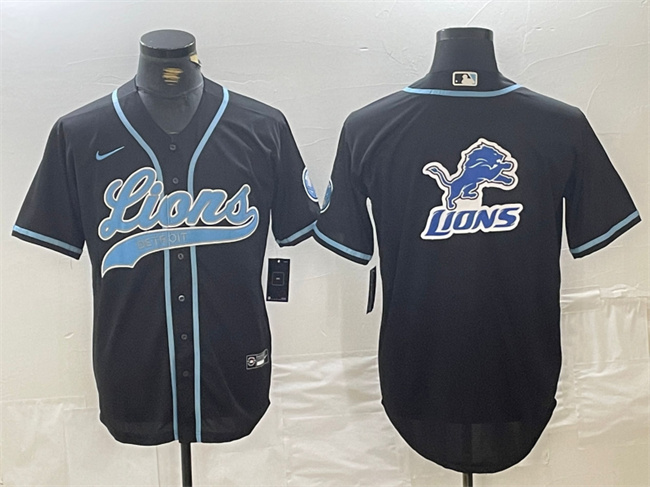 Men's Detroit Lions Team Big Logo Black Cool Base Stitched Baseball Jersey